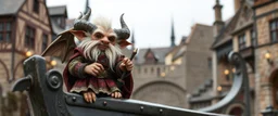 a blonde fluffy gnome quickling kobold gremlin that looks like the opposite of a vampire in bunad leaning on statue of boat, holding his horns