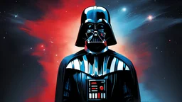 Graphic Novel Full Body Portrait Of Darth Vader's mask close up reflecting red and blue light :: Cinematic Detailed Mysterious Sharp Focus High Contrast Dramatic Volumetric Lighting :: digital matt painting by Jeremy Mann + Carne Griffiths + Leonid Afremov, black canvas, dramatic shading, space with stars and galaxys in background
