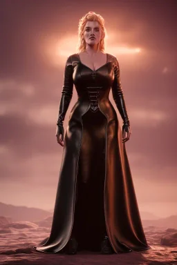 Kate Winslet as evil queen in black leather gown, cleavage, angry, dominaneering, stern look unreal 5, octane render,cinema4d, dynamic lighting, dramatic lighting, 4k, redshift render, highly detailed, hyper realistic