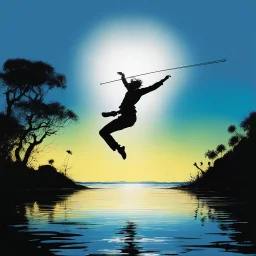 this photo Explores how brightness contrasts with shadow [psychedelic high res photo by Ralph Steadman] Light Against the Dark on a levitating acrobat over a large area of translucid water