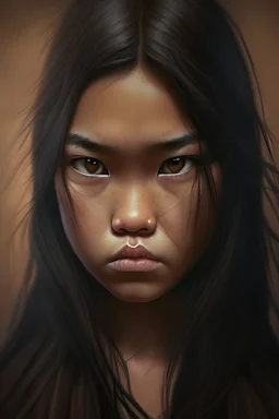 an asian girl with brown hair mid long and brown eyes with a death stare