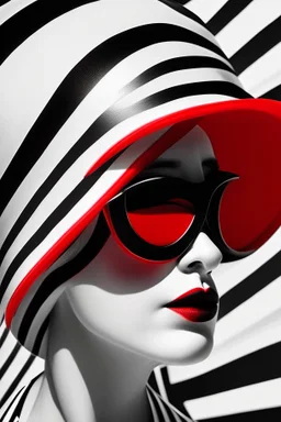 minimalist portrait photography, digital art, opart, woman face painted red, black and white dress, round black sunglasses, black and white swimming cap, side view by Franck Gerard