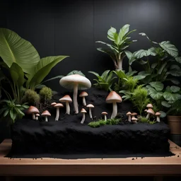 A Terarrium standing on a wooden table, the wall behind it is black, inside the terarrium are tropical plants placed horizontally at the back wall. the floor of the terarrium is covered in black sand, on the black sand a bunch of exotic looking mushrooms are growing