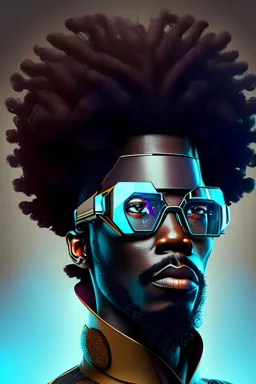 draw a hyper realistic Afrofuturistic man with augmented reality glasses on half body photo