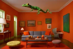 A surreal living room with flying salamanders by artist "Sandy Skoglund",by artist "Hundertwasser",by artist "Victor Enrich"