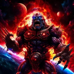 A colossal cosmic aztec titan made of nebula, towering amidst the stars, clenches a small planet in its massive fist and crushing it into shattered pieces as the planet erupts into a cataclysmic explosion, the angry titan screaming of anger and has red glowing eyes, galactic background, digital painting, sharp focus, high contrast, bright vibrant colors, cinematic masterpiece, shallow depth of field, bokeh, sparks, glitter, 16k resolution, photorealistic, intricate details, dramatic natural ligh