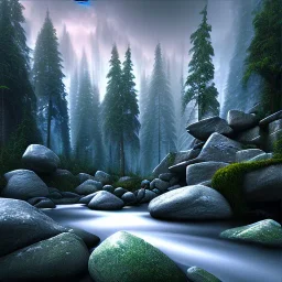 dense florest landscape with a river in a raining day and some rocks, aesthetic, photorealistic