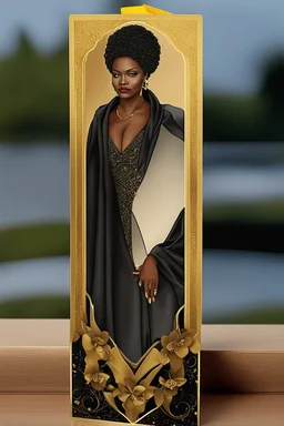 very upper class uber elegant funeral bookmark for an elderly exaggeratedly beautiful Biracial Black woman in shimmering black cardstock, backlit lighting, 24K, very detailed and feminine, calligraphy in golden fonts,