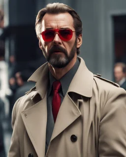 a man who looks like hans gruber wearing a trench coat and red sunglasses staring with an irritated look on his face