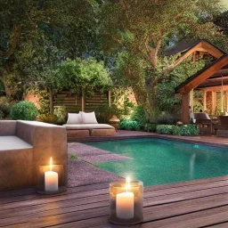 a gorgeous, stunning garden deck with rustic floor, wicker furniture, tranquil pool surrounded by smooth stones, lit candles, plants, cozy, 8k resolution, high-quality, fine-detail, zen-like, cozy, digital art, detailed matte, volumetric lighting, illustration, 3D octane render, brian froud, howard lyon, selina french, annie stokes, lisa parker, greg rutowski