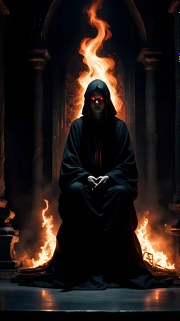 A sacred figure in a black robe and burned eyes sits in a dark horror-style sanctuary
