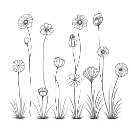 set of grow wind flowers on the grace, SIMPLE ONE lineS art, white background, minimalis, different view, only white bakcground solid.