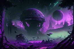 Futuristic Outpost, Alien Planet, Corrupted Forest, Dense Purple Fog, Dead Soil, Black Night Sky, Stars, Space, Distant Planets