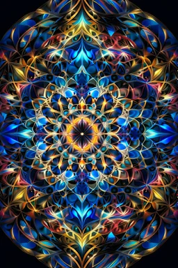 A mesmerizing digital artwork in fractal style, vibrant and abstract, showcasing a kaleidoscope of colors and intricate geometric patterns intertwined with organic shapes. The composition is symmetrical, with a focal point at the center, radiating energy and complexity. The colors range from bold and contrasting to subtle gradients, creating a sense of movement and depth. The image is detailed and precise, capturing the infinite complexity of fractal mathematics. The medium used is digital, allo