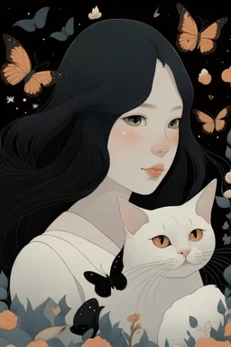 A white cat and a girl with wheat skin, with black eyes, long wavy black hair of medium length, thick black eyebrows, a medium-length nose, medium-full lips, and an oval face looking at the sky and butterflies.