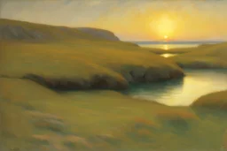 beautiful sunset rocks, lagoon, sci-fi movies influence, cosmic and philosophic influence, william stott and george clausen impressionism paintings