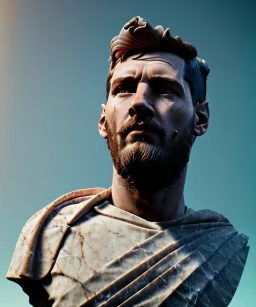 Gran angular, Realistic image, roman sculpture, marble deluxe material, Lionel Messi with Laurel wreath model, miguel angel style, emperador, God light, god rays, 4k resolution, smooth details, ornate details, soft lighting, unreal engine 5, soft cyan background.