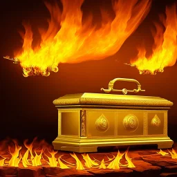 golden sarcophagus on fire in a dungeon