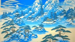 A cyan glacier island covered in snow painted by Katsushika Hokusai