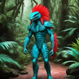 3D anaglyph red-cyan glasses required to watch a terrible alien Predator dressed in coloured feathers in the jungle