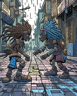 two arafed persons arguing in middle of street, yikes art, afrofuturism, arafed angularity, art cracking the road, angular aztec vibe, whimsical arafed nonsense, patchwork vibe, (((side view))) two arafed cyberlords fighting each other in a rainy whimsical downtown street with extreme body action and with (((exaggerated body parts))), (((oversize head))), sharp color contrasts, amazing shadows, (((exaggerated limbs and head))), minimal cozy, warm palette, bright bold warm summer colors
