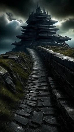 narrow stone path above the ground gradually getting higher into the clouds no railings, dangerous drop people in black leathers medievil period weather is wet spiraling into the clouds fantasy