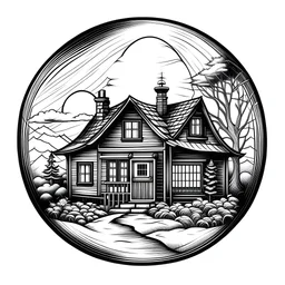 create a cozy realistic cottage in a realistic snow globe, bold lines, black and white, high contrast, black outline, realistic in the style of line art, in the style of coloring book