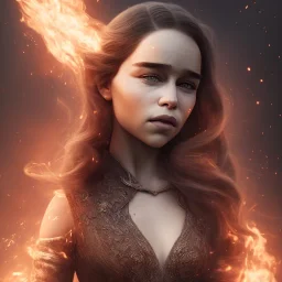 portrait only a wonderfull emilia clarke, dragon fantasy, big curves, voluminous long black hair, fire and fog particles, 55 mm