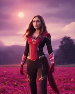 Feiticeira escarlate, Elizabeth Olsen, feiticeira, magia, bonita, cenário em um campo de flores, cinematográfico, dramático, por do sol, campo de flores, cores frias