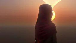 A Palestinian girls have wings wearing an palestinian dress in gaza during sunset in winter.