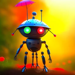 cute clairvoyant robot with a spider umbrella on a mission through the seasons, hills and trees, motion blur, 8k, downlight, soft light, depth of field, photorealism, trending on art station, lotsa detail