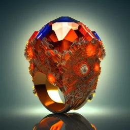 Ring made by wood roots and shreds of glass, orange diamonds sparkles, red rubi fragments around, blue lights reflexes, complex structure, gold details, intricate ring pattern,Unreal Engine 5, lens macro,sharp focus, realistic, hyper detailed, studio lighting, neon light ambient,