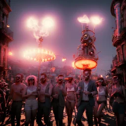 Realistic photo, medium shot view, men, carnival scene, steampunk. Women, hair monster, Drunken, Sunglasses, smoking, happy, hot. Many people background, highly detailed, concept art, unreal engine 5, ray tracing, RTX, lumen lighting, ultra detail, volumetric lighting, 3d, finely drawn, high definition, high resolution.