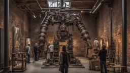 In the industrial setting a gallery opening with visitors in big old tall factory, in the front stands an human-machine big metal sculpture from handmade recycled objects, industrial art, devian art, metal textures, in background on the bricks walls pictures from steampunk things and abstract paintings, visitors watching pictures and sculpture, sharp focus, high detailed, beautifully shot, hyperrealistic, perfect composition