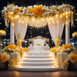 Hyper Realistic Beautiful Traditional Wedding Stage decorated with different Yellow & White flowers & wedding lights at Night