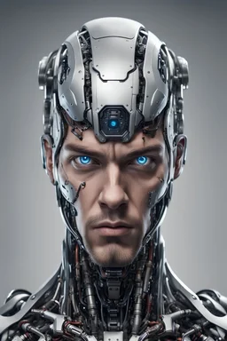 photorealistic, anatomically, physically correct full-length male face of an future AI cyborg with helmet and angry eyes facial expression. Front view
