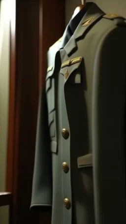 A hyperrealistic shot of an American general military uniform suit hanging on the wall with hanger, intricate details, soft natural light, screen captured from 4K Blu-ray