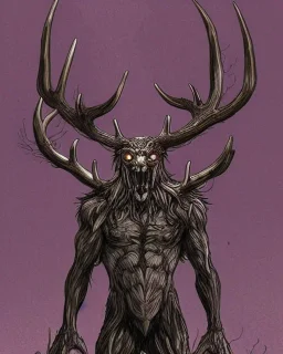 humanoid figure monster with antlers, highly detailed, digital art, sharp focus, trending on art station, kentaro miura manga art style, deep forest background