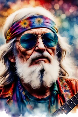 The old hippie, double exposure old hippie's face formed by a band on stage playing a concert, watercolor.