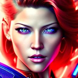 Katheryn Winnick, Cyborg anime warrior, cyberpunk, light red short hair, pixie hairstyle, cobalt eyes, waist up portrait, 8k resolution, retroanime, intricate details, neon details, soft lighting, vibrant colors, masterpiece, intricate eyeliner, dark eyeshadow, eyes, intricate tattoos, gradient background