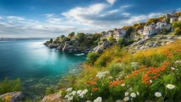 desktop wallpaper ,Turkey istanbul kus adasi,country side wavy rocky river ,wild flowers,blue sky nice clouds,