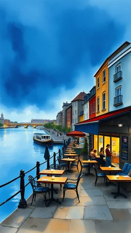 Watercolors painting with dark brown cafe by the river with outdoor tables and dark blue sky