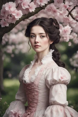 Beautiful Girl in the garden, 18 century, brunette, literally dark hair, dark eyes, fat, smell of sakura, rest, detailed face, england, she is staying under the tree