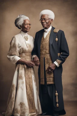 elderly interracial couple dressed in elegant diplomatic ancient attire