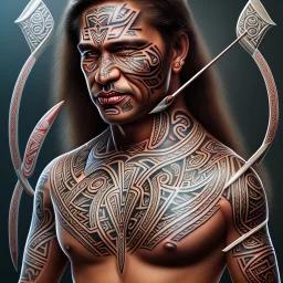 Portrait Chef Maori style iron maiden tatouages tribaux maoris, arc à flèches, full détail, 4k,