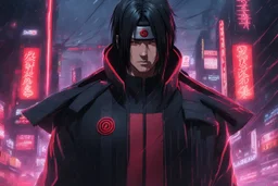 Itachi in 8k anime cgi artstyle, cyberpunk them, neon effect, close picture, rain, apocalypse, intricate details, highly detailed, high details, detailed portrait, masterpiece,ultra detailed, ultra quality