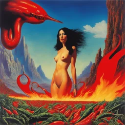 she's eaten so many chillies she's on fire [Humorous, quirky avant garde, Roger Dean futuristic neo-dada]