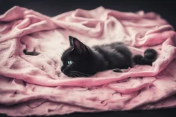 double exposure, merged layers, painted and burned burlap, cute chibi anime black and white cat lying on a pink blanket, melting watercolor and black ink outlines on wet paper, soft, shading strokes, in sunshine, ethereal, otherwordly, cinematic postprocessing, bokeh, dof