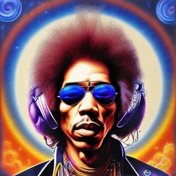 a realistic picture of Jimi Hendrix with dreadlocks, at a turntable with headphones on being a DJ, vivid color, with sunglasses, psychedelic trippy art, with UFOs in the background