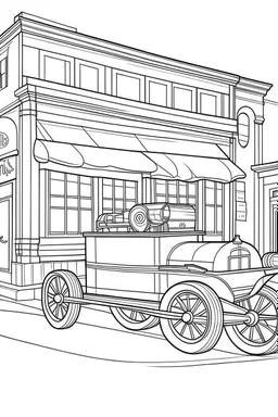 Outline art for coloring page OF A 1943 PULL TOY IN THE UNITED STATES IN FRONT OF A STORE, coloring page, white background, Sketch style, only use outline, clean line art, white background, no shadows, no shading, no color, clear